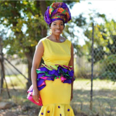 Yellow Purple Tsonga Dress for Makoti with Peplu and Matching Doek