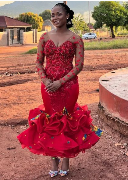 Red Tsonga Mermaid Traditional Wedding Dress with Beads and Lace
