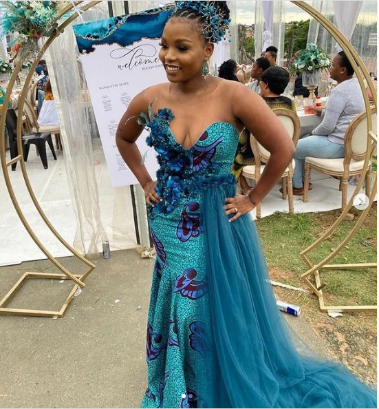 Turquoise Tulle African Print Wedding Dress