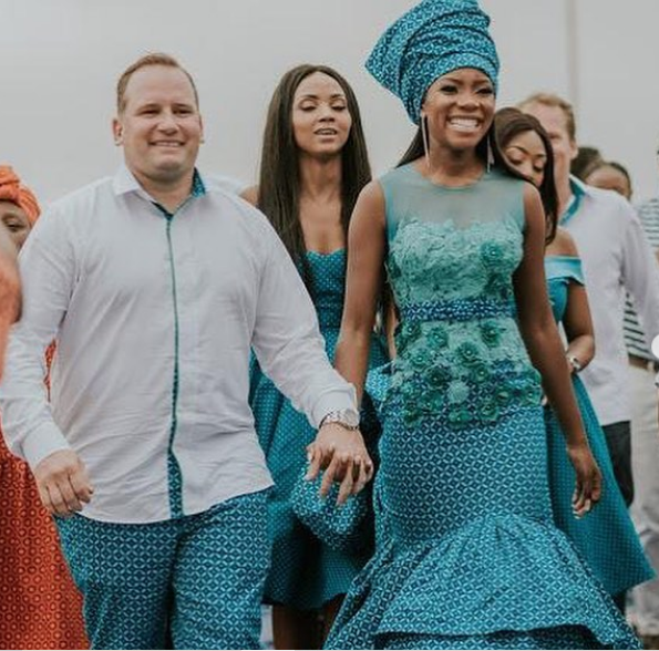 Turquoise Shweshwe Attire for couple by Scalo Designer