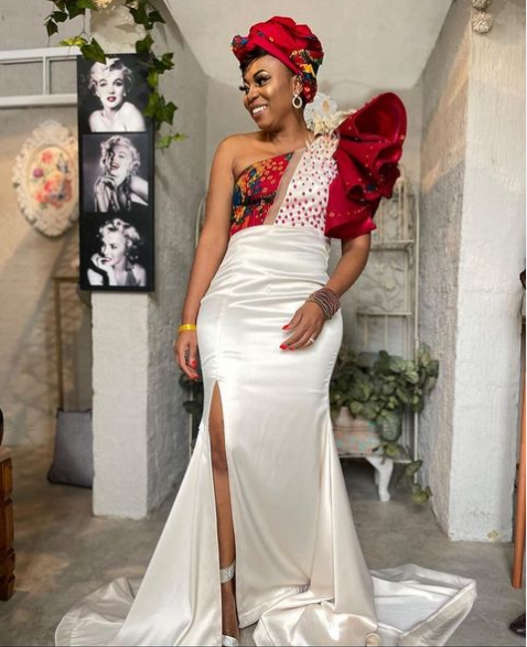 Red and White beaded Tsonga Traditional Wedding Dress with Doek