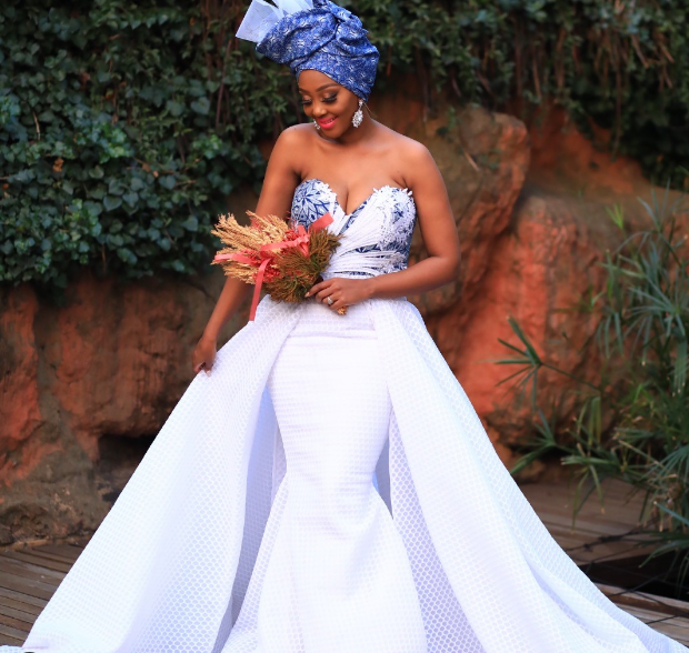 White Wedding Dress with Shweshwe Trim and Matching Doek by Antherline Couture 2024 close up
