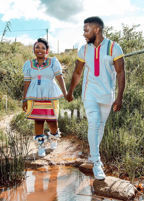 White and Pink Sepedi Attire for Makoti for couples