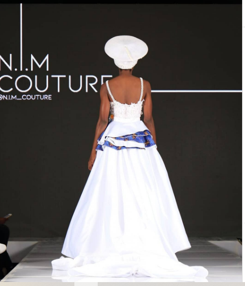 White dress with Shweshwe Trim by NIM Couture
