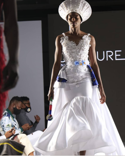 White wedding dress with Shweshwe Trim by NIM Couture