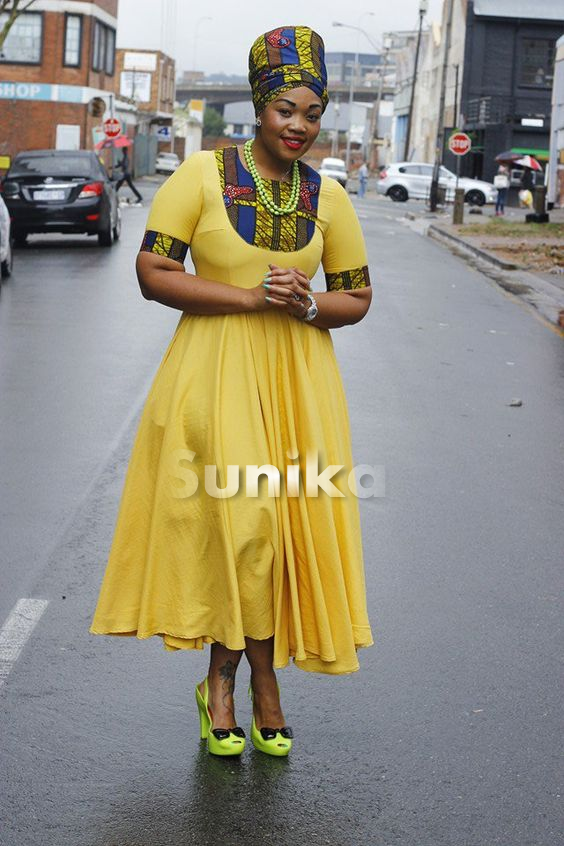 Yellow African Print Dress with Matching Doek