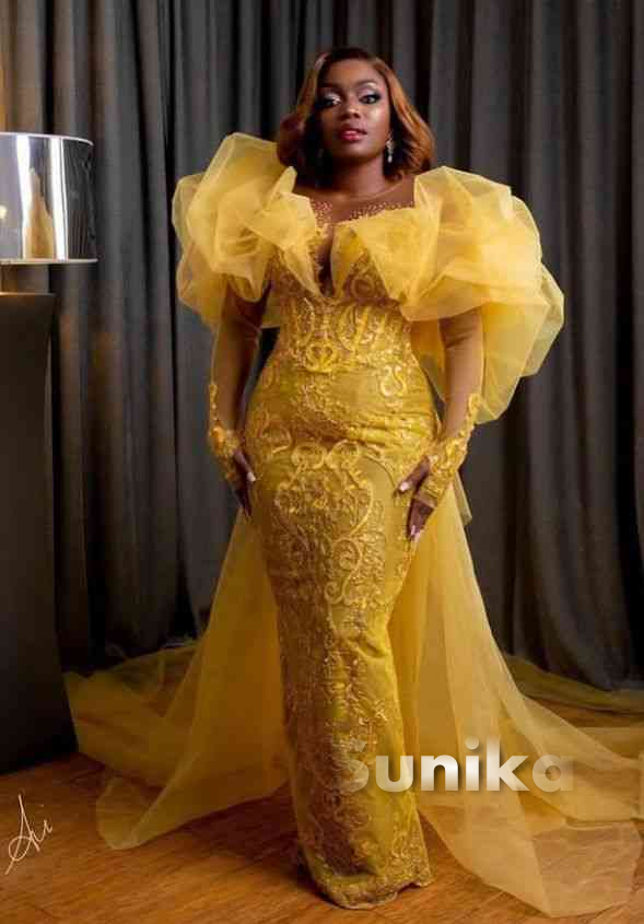 Yellow Bubble Sleeve Nigerian Lace Dress
