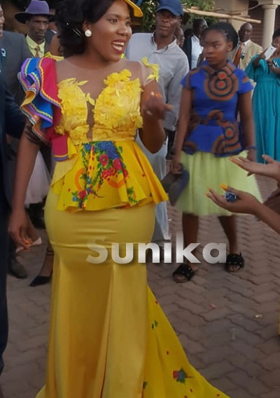 1 Peplum Sleeve Yellow Tsonga Traditional Wedding Dress with Lace
