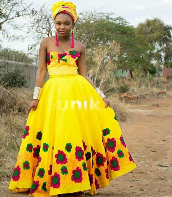 Bright colorful Tsonga Traditional Wedding Dress with doek