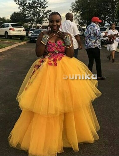 Floral Yellow Tsonga Traditional Dress Tulle