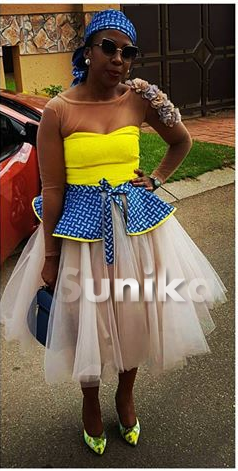Yellow and Blue Shweshwe Dress with Tulle