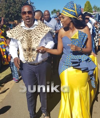 Yellow and Blue Shweshwe Traditional Wedding Attire for couples