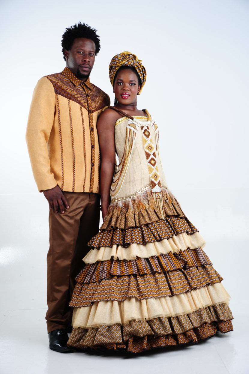 Brown and Gold Shweshwe dress with matching shirt jacket and pants