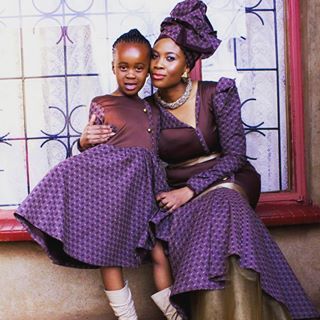Purple Shweshwe Dress with Matching Dress for child