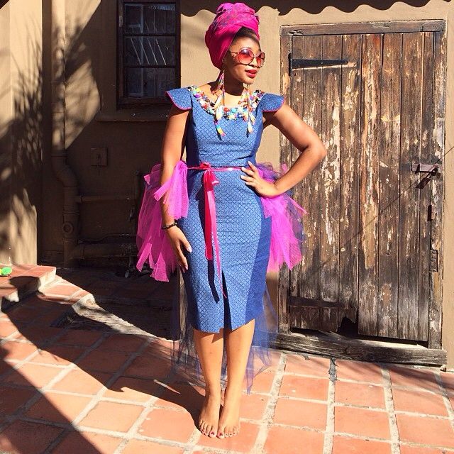 Blue Shweshwe Dress with Pink Tulle