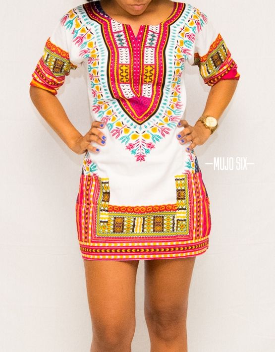 White and Pink Dashiki Dress