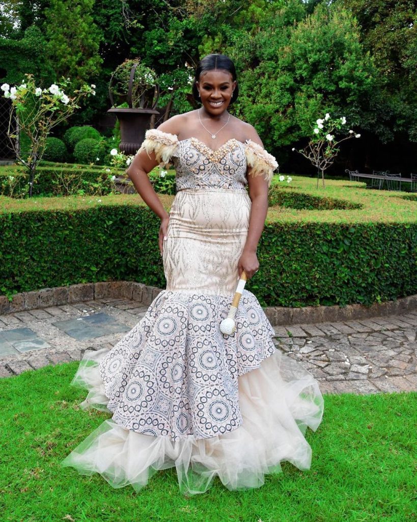 Cream beaded Shweshwe wedding dress