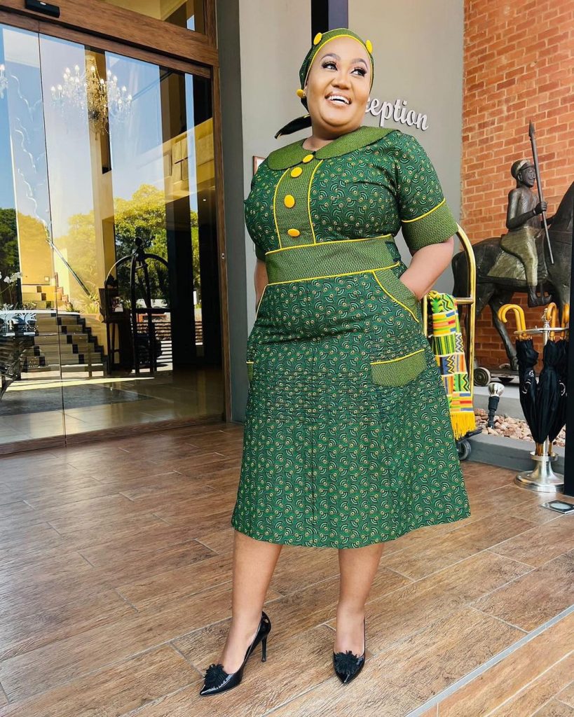 Green Sotho Shweshwe Dress with covered buttons