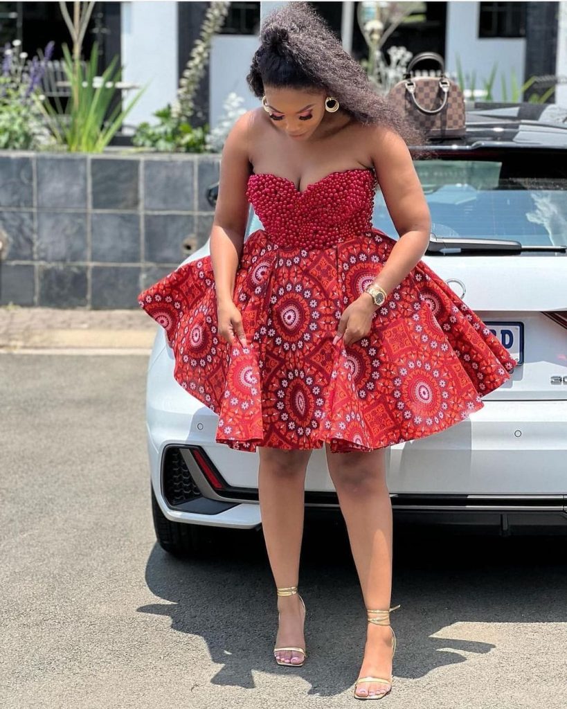 Short burgundy Shweshwe Dress