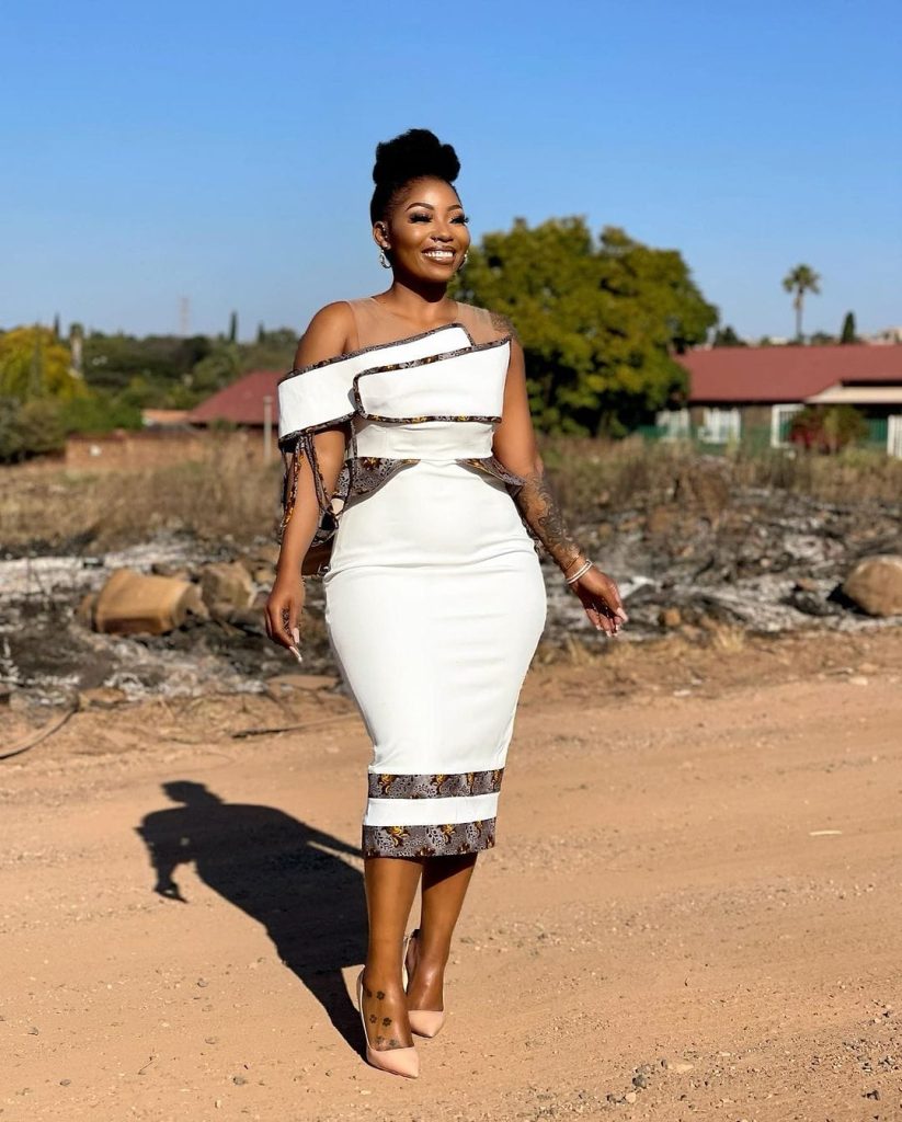 White dress with Brown Shweshwe trims