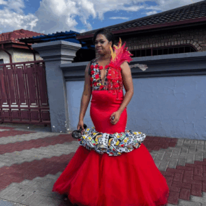 Red Ndebele Traditional Print Traditional Wedding Dress by Nim Couture