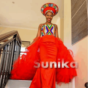 Red Ndebele Traditional Wedding Dress with Matching Hat