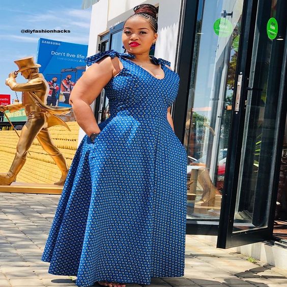 Blue Plus Size Shweshwe Dress with Knots