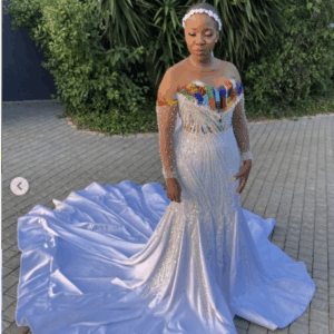 White Traditional wedding Dress with beads by Bayanda Khathini