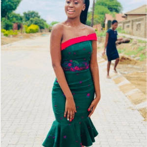 Green Drop Shoulder Tsong Dress with Red Drop Shoulder