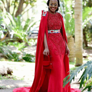 Red Ndebele Wedding Dress with shawl