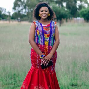 Red Beaded dress by Bayanda Khantini