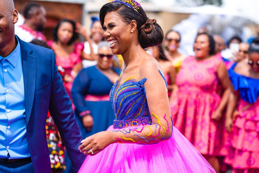 Blue and Pink beaded Pedi traditional wedding dress_by Bayanda Khantini
