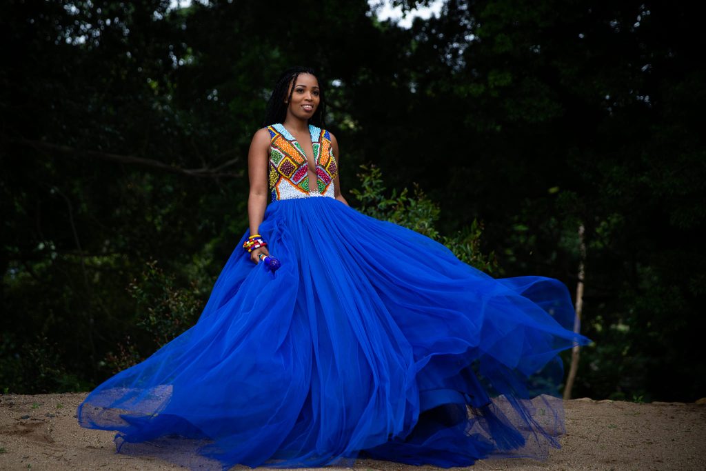 Flared Blue beaded wedding dress by Bayanda Khantini