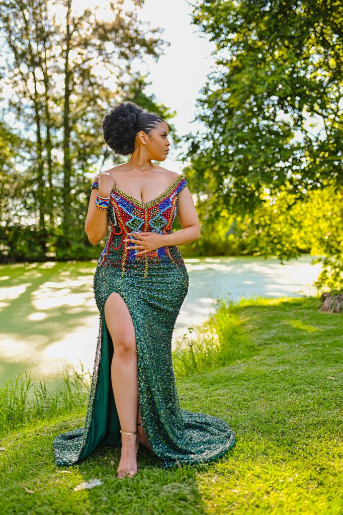 Low neck beaded dress by Bayanda Khantini