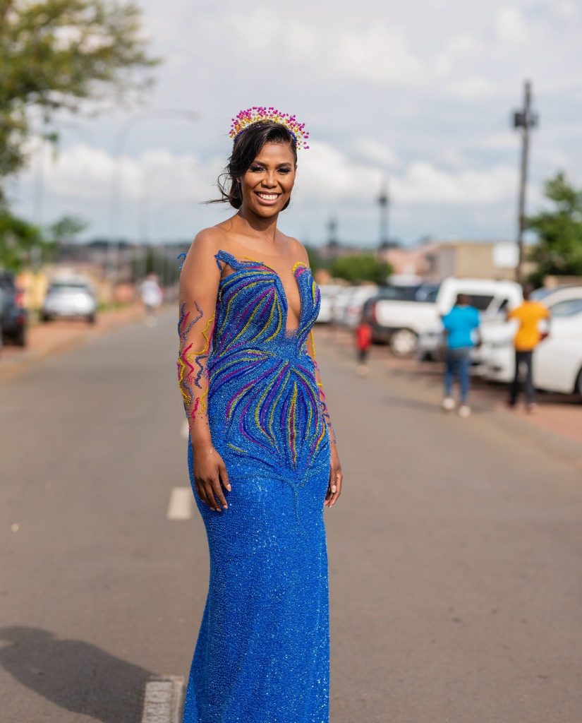 Royal Blue beaded Traditional Wedding dress by Bayanda Khantini