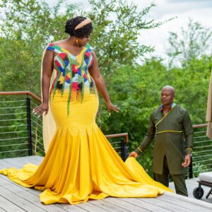 Yellow beaded plus size traditional wedding dress by Bayanda Khantini