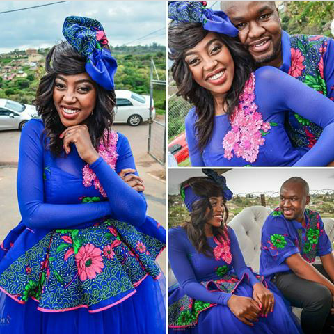 Royal Blue Tsonga dress with Pink Lace