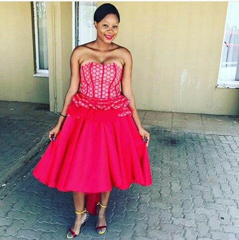 Red Shweshwe Dress with Flared Skirt