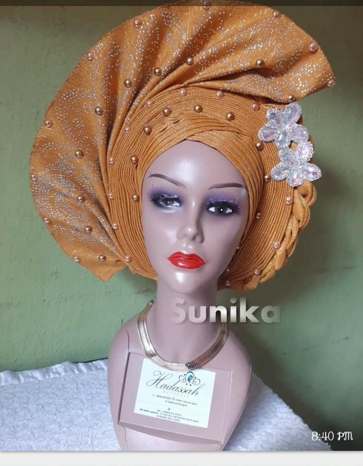 Beaded Beige Nigerial Headwrap