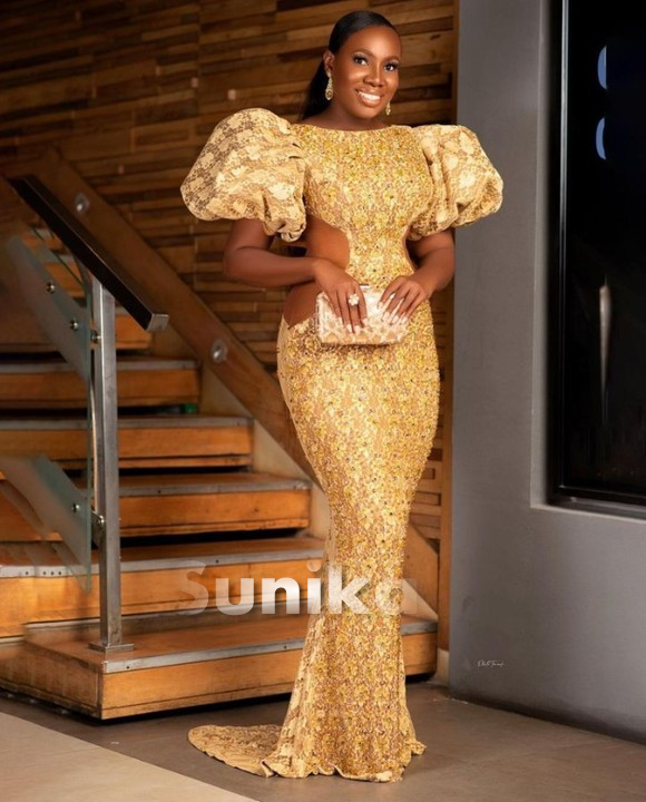 Beige Nigerian Traditional Lace Dress Design