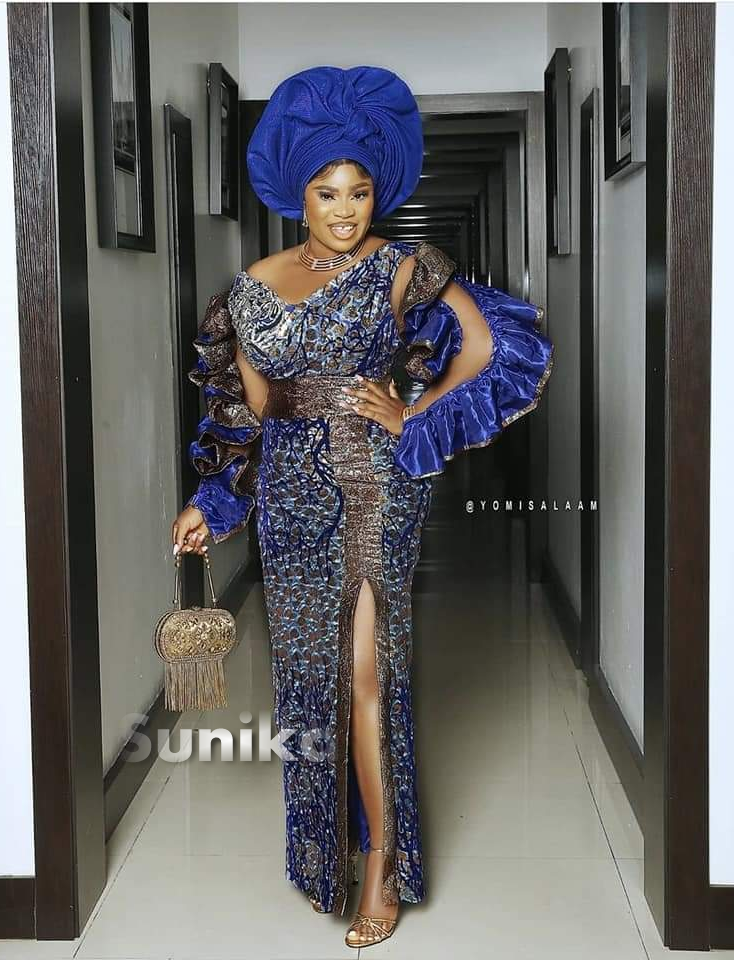 Blue Nigerian Dress with Metalic Brown