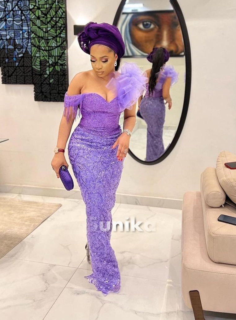 Purple Drop Shoulder Nigerian Lace Dress Design