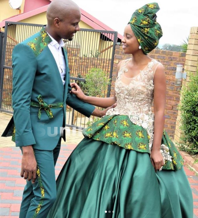 Green matching Sotho Shweshwe Wedding couples outfit