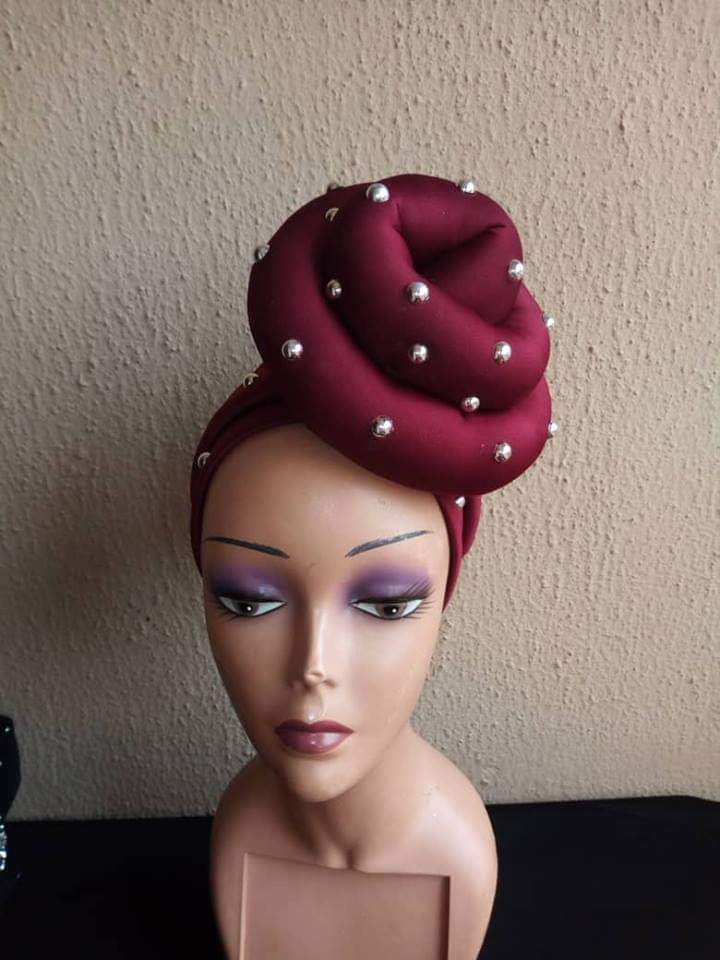 Beaded Maroon African Headwrap