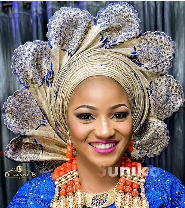 Khakhi and Navy Blue Floral Design Nigerian Gele