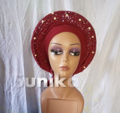 Maroon Beaded Nigerian Gele