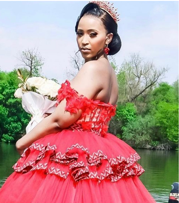 Pink Shweshwe Tulle African Wedding Dress Close Up