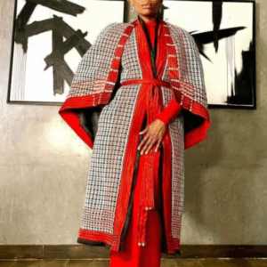 Unathi Nkayi in Red and White Asanda Madyibi Xhosa Dress