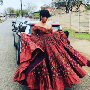 Flared Brown Shweshwe Dress by Indoni Fashion House