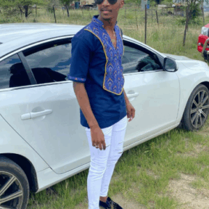 Gold and Blue Shweshwe Shirt for men by Tomi Rikhotso